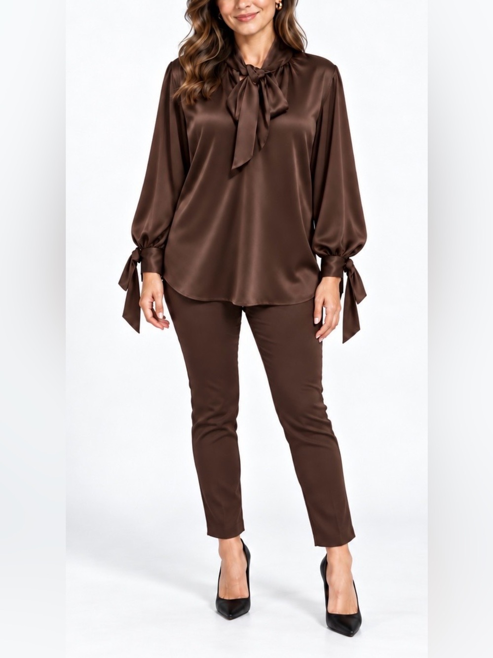 ANN MASHBURN Chocolate Brown Mock Tie Neck Long Sleeve 100% Silk Blouse Size S - Picture 7 of 7